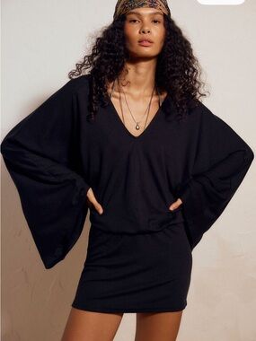 Free People Black V-Neck Batwing Sleeve Mini Dress